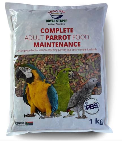 Royal Staple Parrot Maintenance Pellets , 1 kg - A marine-sourced protein pellet for all non-breeding parrots and other companion birds. This scientifically balanced diet meets all the physiological requirements of mature parrots during the non-breeding season. Will prevent excess weight gain with micro-nutrients, vitamins, essential fatty acids and limited amino acids. This ensures optimal organ, skin and feather health while energy, protein and mineral requirements meet all the maintenance and non-breeding activity demands of healthy parrots.