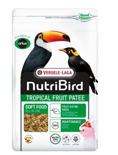 TROPICAL FRUIT PATEE  From Versele laga - Versele Laga Tropical Fruit Pate is a complete feed for all fruit-eating birds.  A balanced universal fruit patee with all nutrients your birds need. 
 With 25% dried fruits: apricots, pineapple, papaya, apple, rowan ash berries and raisins.  It has a coarse structure for a better assimilation.  Also contains spirulina.