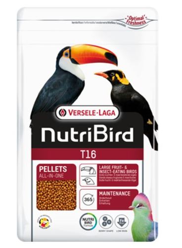 T16 pellets for insect eater birds  From Versele laga, - Maintenance food for mynahs & large fruit- & insect-eating birds Scientifically approved composition with all the nutrients your birds need. Completely consumable, no food waste. 
 With fruit. Contains Florastimul®: supports the intestinal flora and protects against intestinal disorders. Iron storage disease is a frequently occurring problem with frugivorous and insectivorous birds; that is why T16 has such a very low iron content (max 85 ppm). Recommended by vetarinarians and used worldwide by ornithological parks and top breeders.