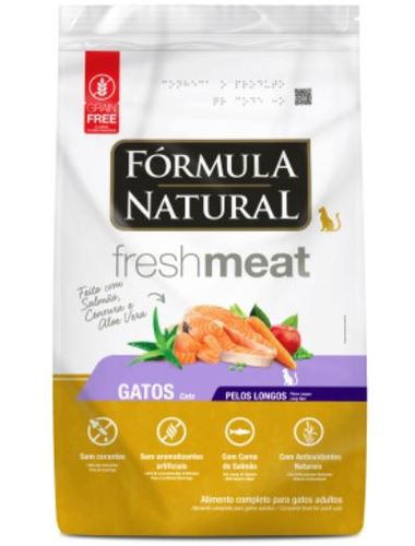 FN Fresh Meat Long-Haired Cats -  Salmon, Carrot and Aloe Vera. , - Made with Salmon, Carrot and Aloe Vera. 
 - Special fibers (aid in the removal of fur balls) - Selected proteins (without gluten ingredients) - Intestinal flora balance - Beautiful and shiny coat - Aloe Vera (healing and anti-inflammatory action) 
 Developed by veterinarians, the Fórmula Natural Fresh Meat line uses the most advanced concepts in dog and cat nutrition. Naturally tasty and nutritious, its great advantage is the use of fresh meat and special sources of carbohydrates, fiber, vitamins and minerals, such as fruits and vegetables. It is a complete line that offers versions with specific care for different needs and stages of life. This product contains special fibers that help intestinal transit and the elimination of hair balls for long-haired cats