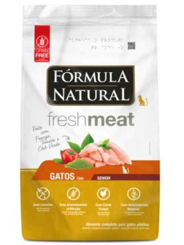 FN Fresh Meat Senior Cats -Chicken, Tomato and Green Tea. , - Made with Chicken, Tomato and Green Tea. 
 - Amazing palatability - Intestinal flora balance - Collagen, Chondroitin and Glucosamine. - Natural protection - Beautiful and shiny coat 
 Developed by veterinarians, Fórmula Natural Fresh Meat line uses the most advanced concepts of dog and cat nutrition. Naturally tasty and nutritious, its great differential is the use of fresh meat and special sources of carbohydrates, fibers, vitamins and minerals, such as fruits and vegetables. It is a complete line that offers versions with specific care for different needs and life stages of your pet. This product offers the maintenance of lean mass for adult cats from 7 years of age.