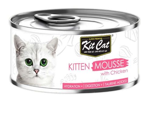 Kit Cat Kitten Mousse With Chicken Wet Cat Food - 80g, - Kit Cat wet food was created by our nutritionists who are also cat lovers and made with the goodness of carefully selected natural ingredients which contains no added colours or preservatives. Our Kit Cat 100% grain free diet offers your cat a pH level balance wholesome nutrition to support a healthy lifestyle, reducing risk of kidney stones and urinary tract infection.Crafted with a smooth texture of deboned tuna with chicken topping, Kit Cat Tuna Mousse is made easier for your adults or senior cats for better digestion and hydration. Rest assured that your cats are kept hydrated at all times with this high moisture grain-free diet.In addition, this super premium diet contains taurine, an essential amino acid that is critical for normal heart and eye function for your cats.