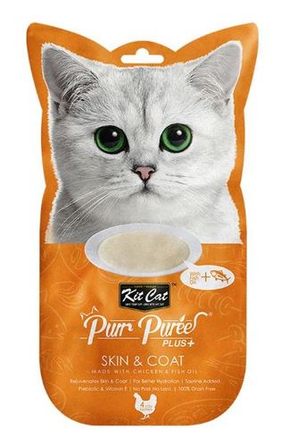 Kit Cat Purr Puree Plus+ Chicken & Fish Oil (Skin & Coat) Cat Treats, 4 x 15g - Kit Cat Purr Puree cat treats are created by nutritionists who are cat lovers and are made with goodness of carefully selected natural ingredients which contains no added colors or preservatives. Our smooth blend of tuna and fish oil recipe is perfect for cats of all life stages. Grain-Free, delicious and 100% Natural – this will be the most irresistible and ideal treat your cat will crave.