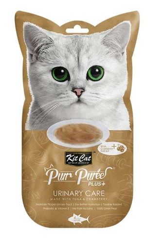 PET SHOP  - Kit Cat Puree Plus+ Tuna & Cranberry (Urinary Care) Cat Treats - 4 x 15 g, - Kit Cat Purr Puree cat treats are created by nutritionists who are cat lovers and are made with goodness of carefully selected natural ingredients which contains no added colors or preservatives. Our smooth blend of tuna and fish oil recipe is perfect for cats of all life stages. Grain-Free, delicious and 100% Natural – this will be the most irresistible and ideal treat your cat will crave.