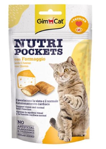 GimCat Nutri Pockets  Treats, 60g - GimCat Nutri Pockets are crispy pouches with delicious filling. Taurine is essential for cats. Their bodies do not produce enough taurine, so it must be given to the cat with food. Taurine is important for maintaining visual acuity and maintaining heart function.