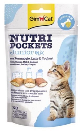 PET SHOP  - GimCat Nutri Pockets Junior Mix Cat Treats - 60g - Food supplement for kittens from 4 months GimCat snacks are crispy pillows with delicious filling especially for kittens. Kittens need about three times as much calcium as adult cats to build healthy bones, skeleton and teeth. Taurine improves the development of eyes and heart. The snacks are made for a good start in the life of cats.