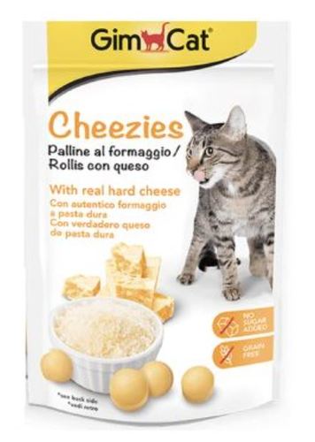 GimCat Cheezies Cat Treat, 50g - GimCat Cheezies are delicious snacks refined with real hard cheese. They were produced by using the best ingredients and without added sugar. Cheezies do not only taste irresistibly good, they also stimulate your cat to play. The perfect combination of taste and fun. Complementary feed for cats.