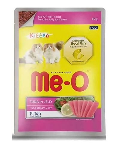 Me-O Tuna In Jelly Kitten Food Pouch - 80 g - Contains taurine which is essential for proper functioning of eyes. Low sodium formula help to decrease the risk of high blood pressure kidney and heart disease. High in Vitamin C to boost immunity system. Contains calcium phosphorus and vitamin D for strengthening teeth and bone. Delicious chicken flavour