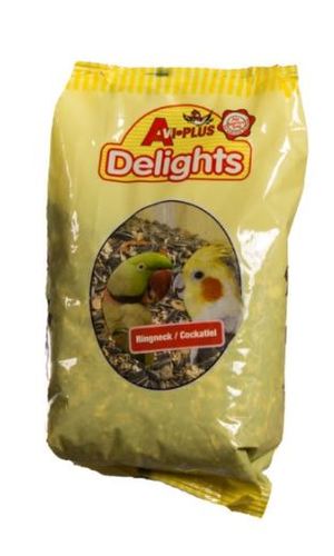 AVI-PLUS Delights Med. Birds 1 kg - A variety of species specific seed, fruit, nut and pellet mixes that will provide your bird with a varied and interesting diet that will be loved down to the last morsel. Pellets added to the seed mixes provide the vitamins, minerals and amino acids absent in seed only diets.