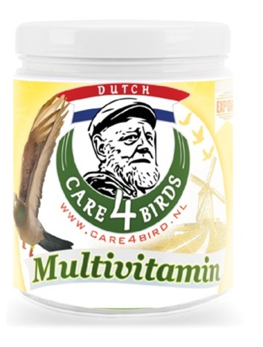 Multivit-Mix from care 4 bird - Multitivit-mix is a special mixture of hydrosoluble vitamins and glucose. These vitamins are of great importance for the metabolism of the bird. Glucose is added to this mixture in order to provide direct energy to the birds.
Multivit-mix contributes to: Multivit-mix contributes to: • enhanced resistance • good breeding • optimum recovery
The daily vitamin requirements of a bird are very important, deficiency of vitamins can cause several problems, for example: • Deficiency of vitamin A can cause low fertility in the male and female, produce changes in the lining of the respiratory and alimentary tract which make invasion by infection easier, affect eyesight and cause death of the embryo. • Deficiency in the Vitamin B group can cause nervous disorders, retardation in growth and development of feathers, upset in fat metabolism, poor egg hatchability and poor chick development. • Deciency of vitamin D will cause such conditions as Rickets and soft-shelled eggs
Multivitamins are given at least once a week: • During growing, moulting and breeding • During heavy strain and stress • After treatment for illness, worming and inoculations.
Dosage Dosage: Ornamental birds: • As a one-o dose after medication: 2 g/0.5 l drinking water or 2 g/250 g food. • As a maintenance dose: twice a week 1 g/0.5 l drinking water or 1 g/250 g food. Multivit-mix can be added to drinking water or administrated with the feed. Measuring spoon 1+5 g. included.