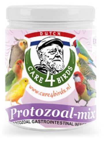 Protozoal-mix care 4 bird - Indication: Protozoal infections: Trichomoniasis (Canker), Giardiasis and Cochlosomosis in birds.
Symptoms: • Trichomoniasis: Weight loss, regurgitation, dried saliva around beak • Giardiasis: Diarrhoea and some deaths. • Cochlosomosis: In nestlings: dehydration and weakness with yellow diarrhoea. In finches fostered under Bengalese, which act as asymptomatic carriers. Symptoms are most severe in chicks aged 10 days to 6 weeks. Infection may spread via contamination of droppings, food and water.
Dosage DOSAGE: Trichomoniasis and Giardiasis: add 5 g to 1 liter of drinkingwater for 5-7 consecutive days. Parrot: 1 g to 1 liter of drinkingwater for 5-7 consecutive days. DOSAGE: Cochlosomosis: add 5 g to 1 liter of drinkingwater or 500 g of soft food for 5 consecutive days. Repeat this treatment monthly for 6 months. Measuring spoon 1+5 g. included.