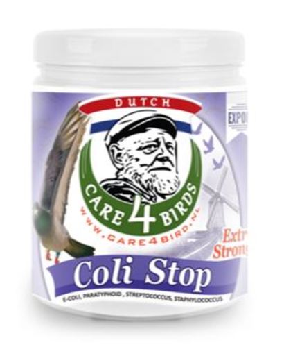 Coli-Stop Care 4 bird - Indication: E-Coli, Paratyphoid , Streptococcus, Staphylococcus and bacterial infections in general. Symptoms: Loss of appetite, slow crop emptying, loss of weight, vomiting, brown green watery or slimy droppings, sudden death. Dosage Prevention: 1 measuring spoon (=5g) for 2 litres drinking water during 1 or 2 days every 2 weeks, preferably starting the day after the race. As a treatment: 1 measuring spoon (=5g) for 2 litres drinking water during 5-7 successive days. This cure may be repeated if necessary after a few days.
Coli Stop is a water-soluble powder which can also be given under the feed. Measuring spoon 1+5 g included. Advice for use:- Put the sick animals in quarantine.- Treat all of your birds, not only the sick ones.- Mix the needed dose in an amount of drinking water or feed the animals consume within one day.- Be sure no other water is available during the treatment- After medication give your animals MULTIVITAMIN (the day after last day of treatment).- Give a maintenance dose of MULTIVITAMIN every week.-