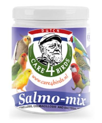 SALMO STOP POWDER - Salmonella (paratyphoid), E-Coli and bacterial infections. Symptoms: Diarrhea (green diarrhea and some birds will vomit), Slow crop emptying, Infectious arthritis (lameness or a dropped wing), Subcutaneous abscesses (usually below the eye as a small swelling containing hard, yellow and dry pus), Infertility, sudden death Dosage: SALMO STOP POWDER Prevention: 1 measuring spoon (=5g) for 2 litres drinking water during 1 or 2 days every 2 weeks, preferably starting the day after the race. As a treatment: 1 measuring spoon (=5g) for 2 litres drinking water during 5-7 successive days. This cure may be repeated if necessary after a few days. Stir well before use! Salmo Stop is a water-soluble powder which can also be given under the feed. Measuring spoon 1+5 g included.