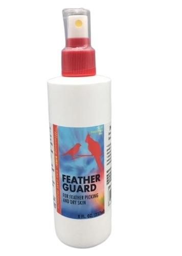 FEATHER GUARD ( to stop feather picking) - FEATHER GUARD helps reduce feather picking by providing an instant source of relief for skin irritation. FEATHER GUARD hydrates and treats damaged skin while reducing inflammation. DIRECTIONS FOR USE: Gently spray FEATHER GUARD on your bird's skin and feathers until wet. Repeat as necessary. Keep container closed before and after use. This product is free of herbacides and pesticides. Store in a cool, dry place.