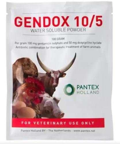 GENDOX 10/5 ( antibiotic for respiratory tract infections) - Gentamicin is an antibiotic belonging to the group of amino glycosides. It has bactericidal activity against Gram-positive and Gram-negative bacteria (including: Pseudomonas spp., Klebsiella spp., Enterobacter spp., Serratia spp., E. coli, Proteus spp., Salmonella spp., Staphylococci). Furthermore it is active against Campylobacter fetus subsp. jejuni and Treponema hyodysenteriae. Gentamicin may be active against bacteria, which are resistant to other amino glycoside antibiotics (like neomycin, streptomycin, and kanamycin). Doxycycline is a tetracycline derivative, with bacteriostatic action against a large number of Gram-positive and Gram-negative bacteria (like Staphylococci spp., Haemophilus influenza, E. coli, Corynebacteria, Bacillus anthracis, some Clostridia spp., Actinomyces spp., Brucella spp., Enterobacter spp., Salmonella spp., Shigella spp. and Yersinia spp.. It acts also against Mycoplasma spp., Rickettsiae and Chlamydia spp.. Absorption after oral administration of doxycycline will be good and therapeutic levels will be attained quickly and resisted for a longer period, due to a relative long-serum half-life time. Doxycycline has a great affinity to lung-tissues, therefore it is recommended especially for respiratory tract infections.