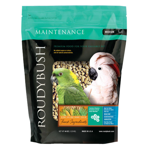 Maintenance medium   From Roudyboush, 1.25 kg - Use this diet when switching your bird from its old diet to Roudybush. Continue to feed  birds that are not laying eggs or feeding chicks. Lories and lorikeets, which will accept this diet, will have drier droppings than they have on nectar.