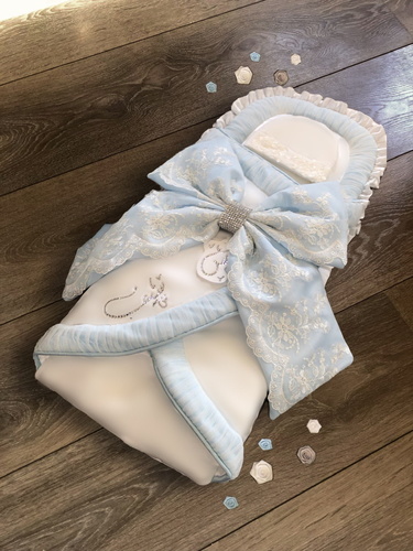 BaraSol - Blue Ribbon Baby Bag - Baby Blue Ribbon baby bag includes  ( baby bag (carrier) + bib + hat.  The set is without any writing. To add personalization on the hanging letter & writing. Please add the desired writing in the (Leave Your Message) box below. 
 The Writing by Silver Shwarovski .