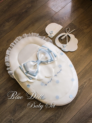 BaraSol - Blue Dot Baby Set - Blue Dot Baby Set includes ( baby carrier + bib + hat )  The set is without writing. For personalizing the emproidered lettering . Please add the desired writing in the (Leave Your Message) box below.