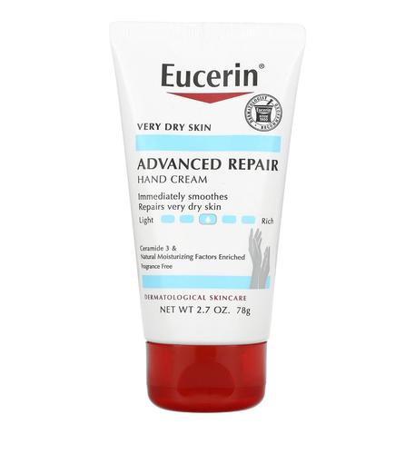 Domo Kuwait - Eucerin Advanced Hand Repair Cream - The Description:*Recommended by Dermatologists* Repairs Dry, Itchy, Rough, and Extremely Flaky Skin* Light Hand Cream* Skin Care From Dermatological Diseases*Free of Fragrances, Dyes, and ParabensRich in Natural Moisturizing Factors: It Contains a Blend of Natural Moisturizing Ingredients Found in the Skin That Moisturizes Intensely and Helps Prevent Dehydration.* Gives You Noticeably Smoother Hands After Just One Use* Non-greasy, Fast Absorbing Product