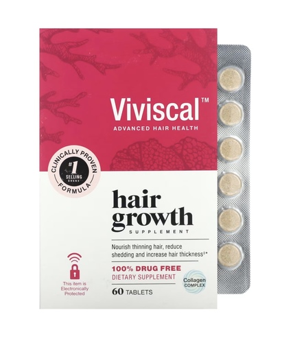 Domo Kuwait - Vaviscal Hair growth supplement - DescriptionAdvanced Hair Health Clinically Proven Formula  1#  Selling Brand Nourish Thinning Hair, Reduce Shedding and Increase Hair Thickness‡ 100% Drug Free Dietary Supplement Collagen ComplexAminomar™ - Marine collagen complex is clinically proven to help promote existing hair growth from within. Biotin - Essential nutrient that supports hair health. Vitamin C - Antioxidant that helps absorb iron into the blood to help support hair growth. Iron - Plays an important role in red blood cell formation, supporting hair health. At Viviscal™ we understand hair.  For over 25 years, through our intensive research and multiple clinical studies, we have helped women successfully reclaim their hair.♢♢‡ Only Viviscal supplements include AminoMar™ collagen complex (450 mg per serving). ‡Ablon, G. Dermatol Res Pract., 2015 ♢♢Self-assessment results; Bloch, L;J Dermat Cosmetol, 2017 
 Suggested use For best results, take 1 tablet twice daily for 3-6 months. Best taken with water after a meal. Viviscal tablets are easy to swallow. Do not exceed the recommended daily intake.  While you may start seeing results in as little as 3 months, experts suggest taking the recommended dosage for 6 months to see thicker, fuller hair!