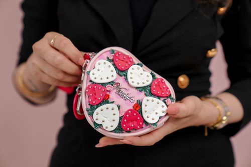 The Flower Shop Pink Edition Heart Coin Purse - Printed & embossed Vegan leather Dimensions 10CM (H) * 12CM (W) * 2.5CM (D)