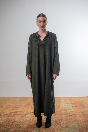 Corduroy caftan with beaded embroidery - Ankle length corduroy caftan featuring delicate hand-beaded embroidery at the neckline and refined contrast piping along the rims for a clean and elegant finish. One size