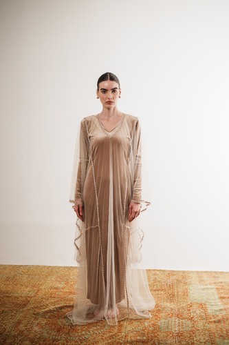 Thoub caftan - An ankle-length fitted velvet dress paired with an embroidered tulle overlay, featuring intricate hand-stitched crystal detailing. Designed as two separate pieces for versatile, elegant styling.One size