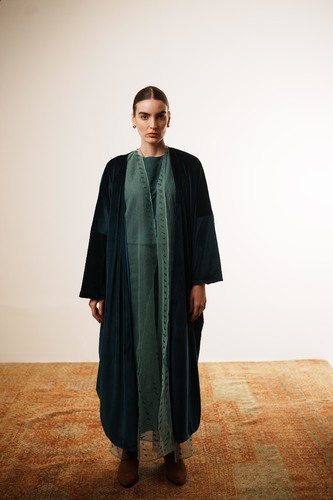 Layered bisht set ((Blue) - The Layered Bisht Set&nbsp;features a refined three-piece design consisting of a suede skirt and top, a sheer bisht embellished with intricate hand embroidery and hand-stitched crystal accents, and a velvet bisht finished with a smooth silk lining. Each piece can be worn individually or layered together, offering versatile styling options for a sophisticated, contemporary look. One size
 Color: Blue