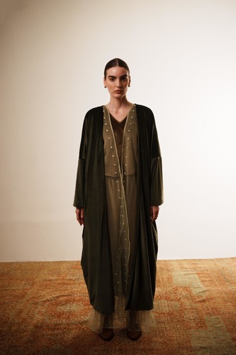 Layered bisht set (Olive Green) - The Layered Bisht Set&nbsp;features a refined three-piece design consisting of a velvet top and pants, a sheer bisht embellished with intricate hand embroidery and hand-stitched crystal accents, and a velvet bisht finished with a smooth silk lining. Each piece can be worn individually or layered together, offering versatile styling options for a sophisticated, contemporary look. One size
 Color: Olive Green Bisht/ Camel top and pants