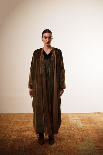 Layered bisht set (Camel) - The Layered Bisht Set&nbsp;features a refined three-piece design consisting of a velvet top and pants, a sheer bisht embellished with intricate hand embroidery and hand-stitched crystal accents, and a velvet bisht finished with a smooth silk lining. Each piece can be worn individually or layered together, offering versatile styling options for a sophisticated, contemporary look. One size
 Color: Camel Bisht/ Olive green top and pants