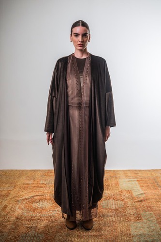 Layered bisht set (Brown) - The Layered Bisht Set&nbsp;features a refined three-piece design consisting of a skirt and top, a sheer bisht embellished with intricate hand embroidery and hand-stitched crystal accents, and a velvet bisht finished with a smooth silk lining. Each piece can be worn individually or layered together, offering versatile styling options for a sophisticated, contemporary look. One size
 Color: ُTaupe top & skirt / Brown Bisht