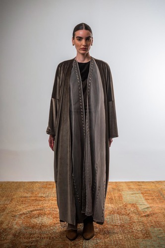 Layered bisht set (Taupe) - The Layered Bisht Set&nbsp;features a refined three-piece design consisting of a skirt and top, a sheer bisht embellished with intricate hand embroidery and hand-stitched crystal accents, and a velvet bisht finished with a smooth silk lining. Each piece can be worn individually or layered together, offering versatile styling options for a sophisticated, contemporary look. One size
 Color: Brown top & skirt / Taupe Bisht