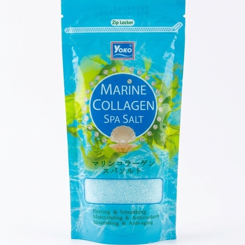Yoko Sea Salt with Collagen – 300 g - Benefits:

Removes dead skin cells and toxins while moisturizing at the same time.
Improves skin texture, enhances firmness, and smooths wrinkles.
Gently exfoliates without damaging the skin and nourishes it. 
How to use:

Apply a small amount to a damp body and gently massage in circular motions for a few minutes. Rinse with clean water and bathe regularly.