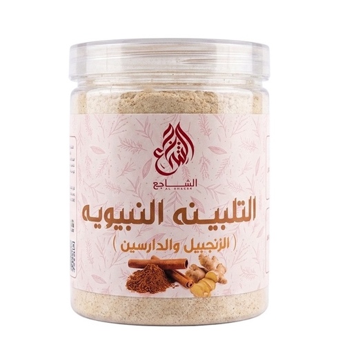 Prophetic Talbeena with Ginger and Cinnamon (Al-Shaji‘) – 350 g - BenefitsHelps calm the nerves and promotes a feeling of relaxation Contributes to nutritional balance and supports the immune system Helps relieve chronic constipationHow to usePut two tablespoons of Talbeena with a cup of milk in a pot Place the pot on the heat for 15 minutes Stir the mixture well until it becomes homogeneous