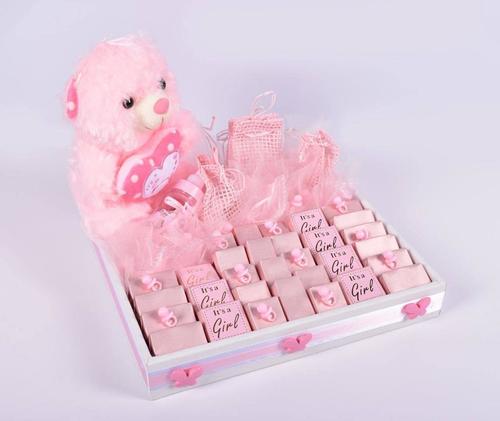 Baby Girl Chocolate Tray - Wooden square stand 30*30 cm, pink color with accessories for newborns