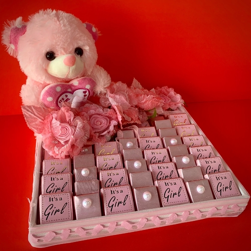 Baby Girl Chocolate Tray - Wooden square stand 30*30 cm, pink color with accessories for newborns