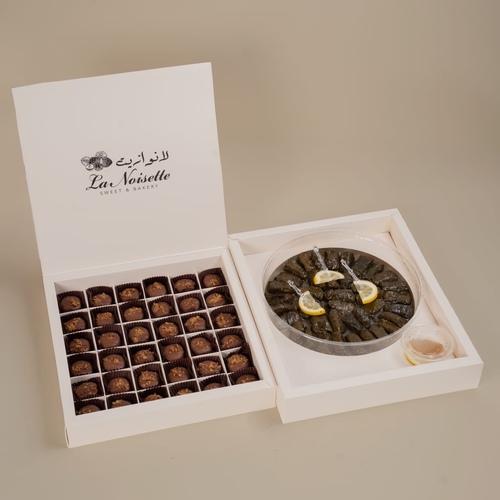 lanoisette offer - Lanoisette's special offer includes 40 pieces of fresh lemon-flavored grape leaves and 36 pieces of coutéed biscuits with tahini, covered in Belgian chocolate.
