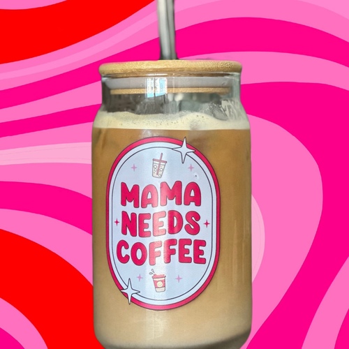 Kid Dos  - MAMA NEEDS COFFEE - 16oz Glass Cup with straw, 
 Heat & Cold Resistant Drinking Glasses