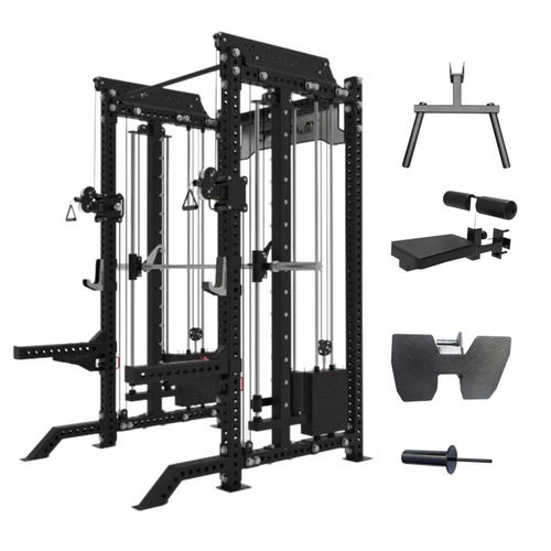FUNCTIONAL SMITH - A compact, heavy-duty all-in-one machine built for full-body training.

Features
 • Dual 80 kg weight stacks
 • Pull-down bench included
 • Dip bar attachment
 • Mid-row station
 • Gym pin compatible for extra load
 • Comes with 2 D-handles
 • Smooth pulleys, solid steel frame, adjustable position Size1750*1250*2380mm
