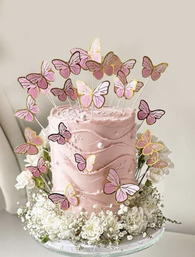 فراشات ورقية لون وردي - 55 pieces of paper butterflies cake decoration