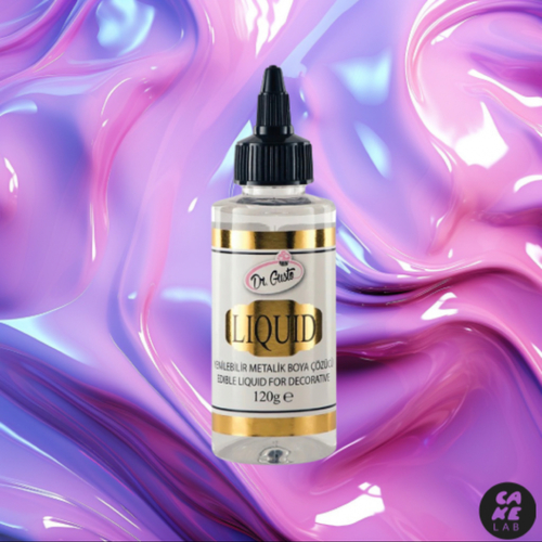 مذيب - This clear liquid solvent helps make metallic dust colors liquid.  Simply pour the color dust into a clean plate and drop a small amount the edible clear liquid solvent stir until homogenous. Apply with a brush.