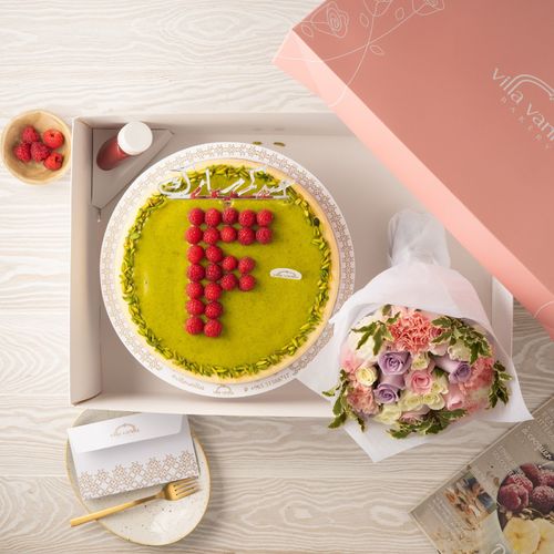 Cheese Cake Pistachio With Berry Letter And Flowers