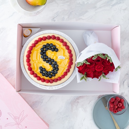 Cheese Cake Mango With Berry Letter And Flowers