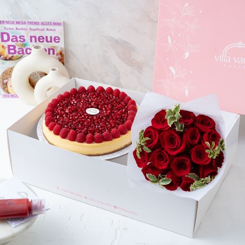 Pomegranate Cheesecake And Flowers Bouquet