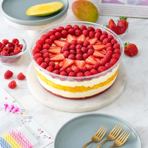 Trifle Fruit With raspberry and strawberry - Layers biscuits and cream with fruits