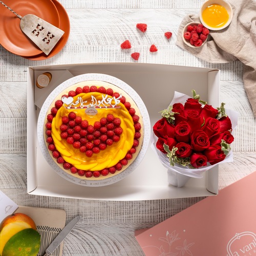 Cheesecake Heart With Berry & Mango and flowers