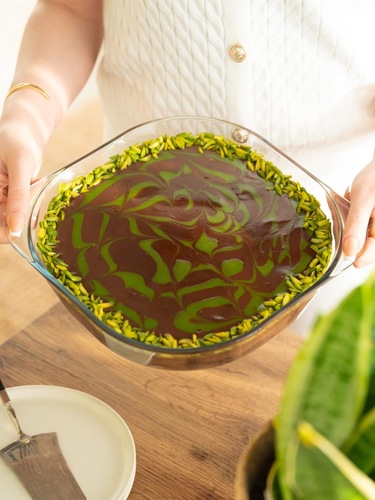 Pistachio chocolate pudding in Pyrex