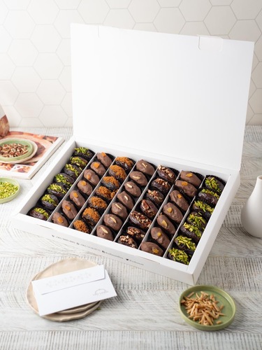 ‏box 49 Chocolate Stuffed Dates - Dates 5 flavors apricot pistachios lotus pecan’s and almonds