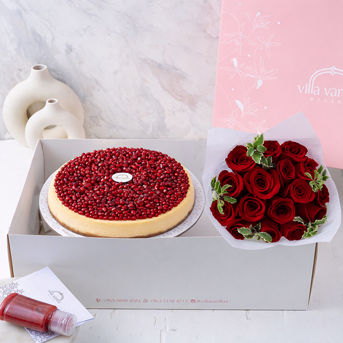 Pomegranate Cheesecake And Flowers Bouquet