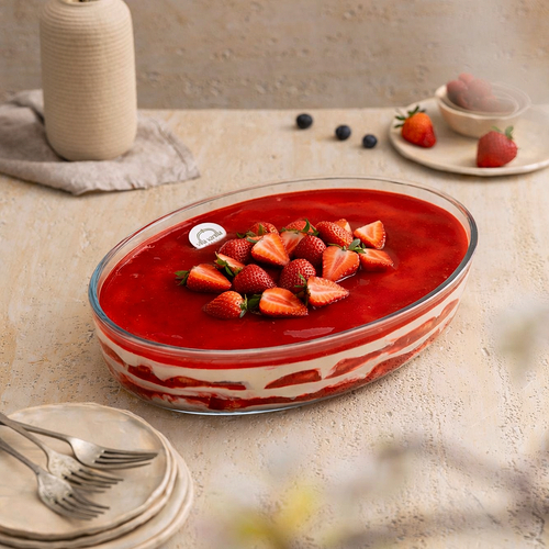 strawberry trifle in Pyrex